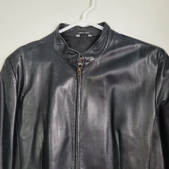 Borgo Antico Italian Black Leather Women’s Jacket Sz Lg Hip Length Zipper Front - Picture 2 of 14